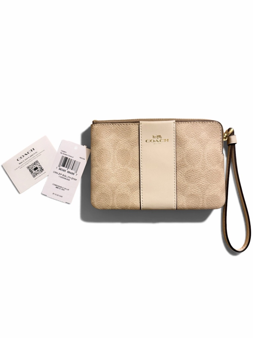 NWT Coach Tan Signature Stripe Wristlet with Cream Center